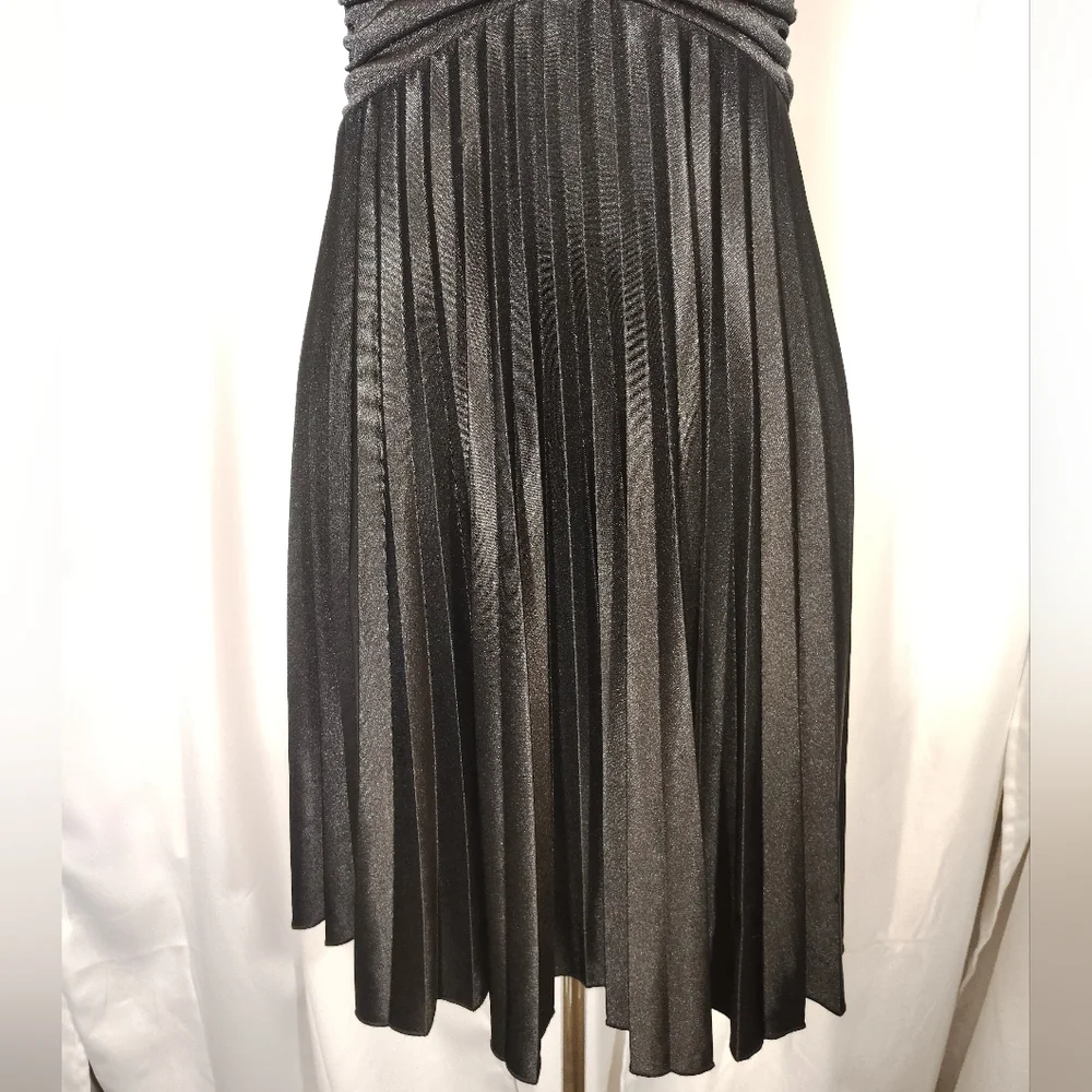 Satin Halter Formal Midi Dress,Tie Pleated Skirt, Empire Waist, Black, S